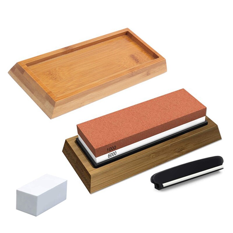 Whetstone Knife Sharpening Stone 2 Side Grit 1000 6000 Waterstone with NonSlip Bamboo Base and Angle Guide