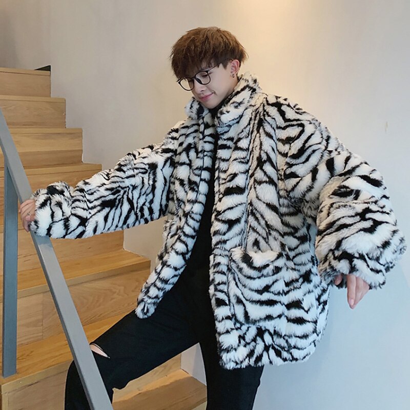 Chaquetas de Parkas gruesas con rayas de leopardo para hombre, abrigo de invierno de piel sintética para hombre, Bolsillos de solapa con cremallera, ropa de abrigo