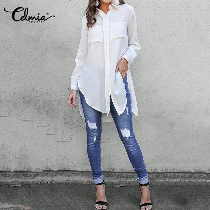 Revers Nacken Blusen Frauen Lange Hemden Celmia Frühling Sommer Unregelmäßigen Saum Teilt Tunika Spitzen Elegante Blusas Plus Größe