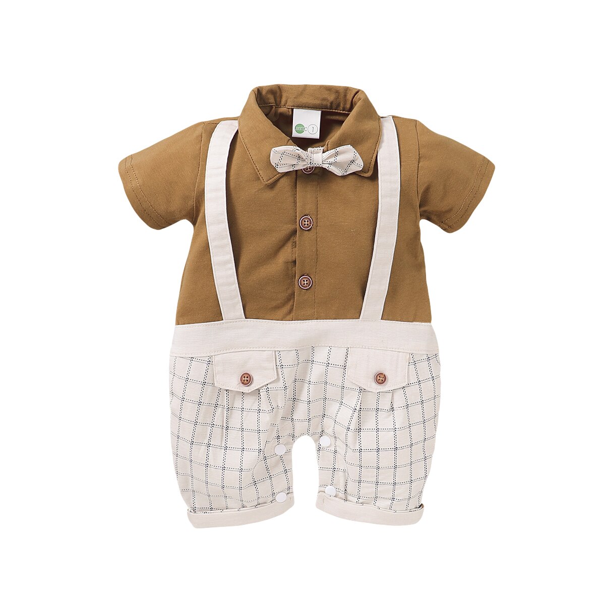 0-18M Gentleman Kinderen Jongens Rompertjes 2 Kleuren Korte Mouwen Plaid Patchwork Causale Jumpsuits Outfits: Khaki / 6m