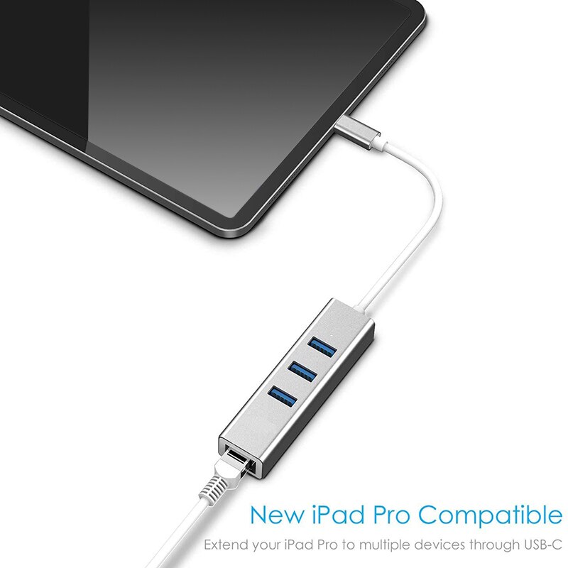 USB-C Naar Ethernet Adapter Met 3 Usb-poort, type C Hub Met RJ45 Ethernet Netwerk Multipoort 4-In-1 (Een, Zilver)