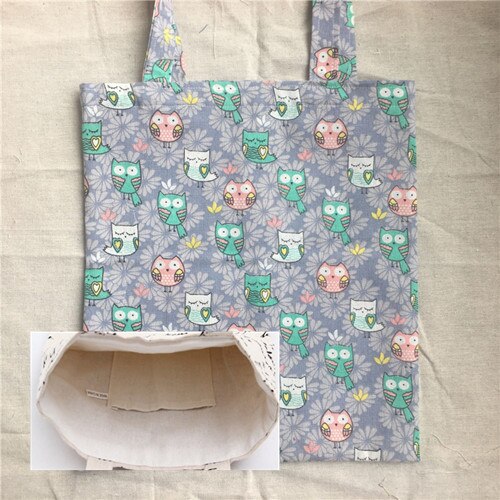 Katoenen linnen eco-markt boodschappentas schoudertas print uilen paarse bloemenbasis 2033f: 2- laags voering