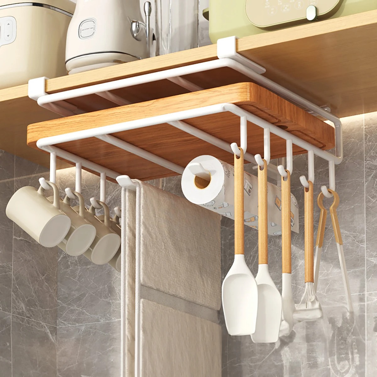 Kitchen Hanging Organizer Rack with Hooks Under Cupboard Paper Towel Rags Hanger Cutting Board Pot Cover Holder Storage Shelf: MULTI