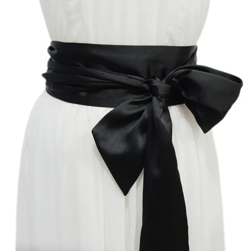 Cinturones de mujer decorados con sello de cintura ancha de seda negra Burdeos y encaje Largo de seda de hielo, cinturón de accesorios suaves, nuevos: Negro