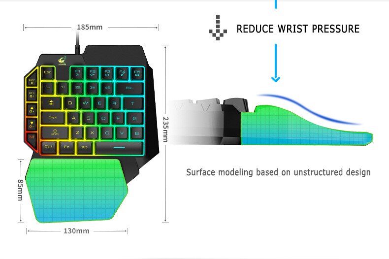 Mini One-Handed Gaming Keyboard Eight-color LED Backlight Modes Backlit USB Wired Game 39 Key Accessory ​For Laptop PC Gamer