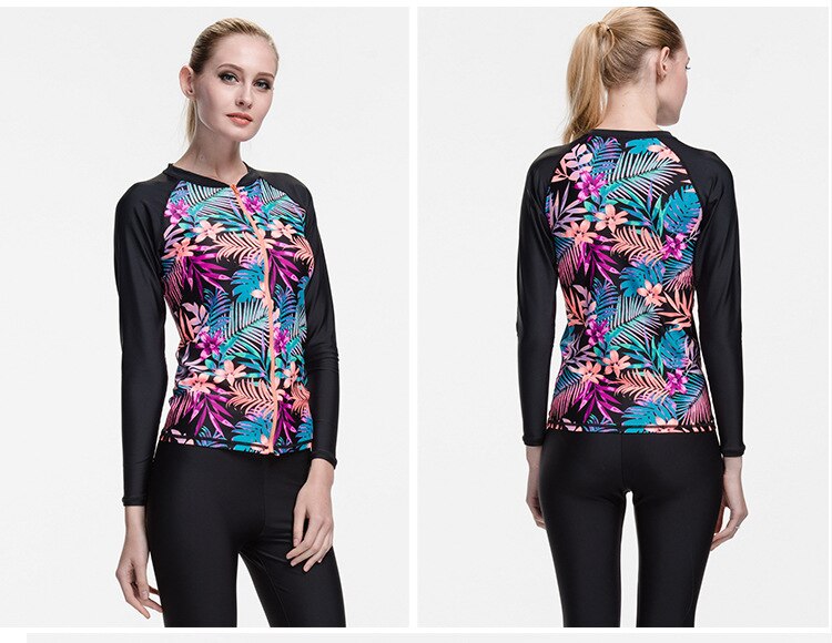 Vrouwen Lange Mouw Zip-Up Rashguard Bloemen Gedrukt Swim Pak Top Basic Pak crew UPF 50 + Tee Shirt