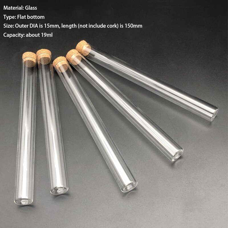 15x150mm Lab Transparent Flat Bottom Glass Test Tubes With Cork Wooden Stoppers for Laboratory Container 20pcs/Pack