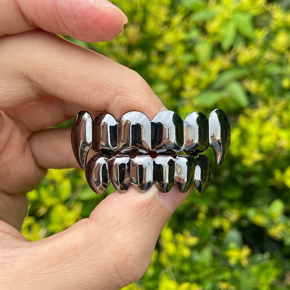 RACHELZ Hip Hop colmillos negros Diente Grillz 14K chapado en oro 6/6 tapas de dientes decoración parrillas dentales para hombres mujeres joyería de Halloween