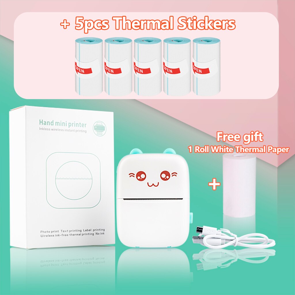 Portable Thermal Printer Paper Photo Pocket Cat Thermal Printer 57mm Printing Wireless Bluetooth Android IOS Printers For Child: Blue 5 Stickers