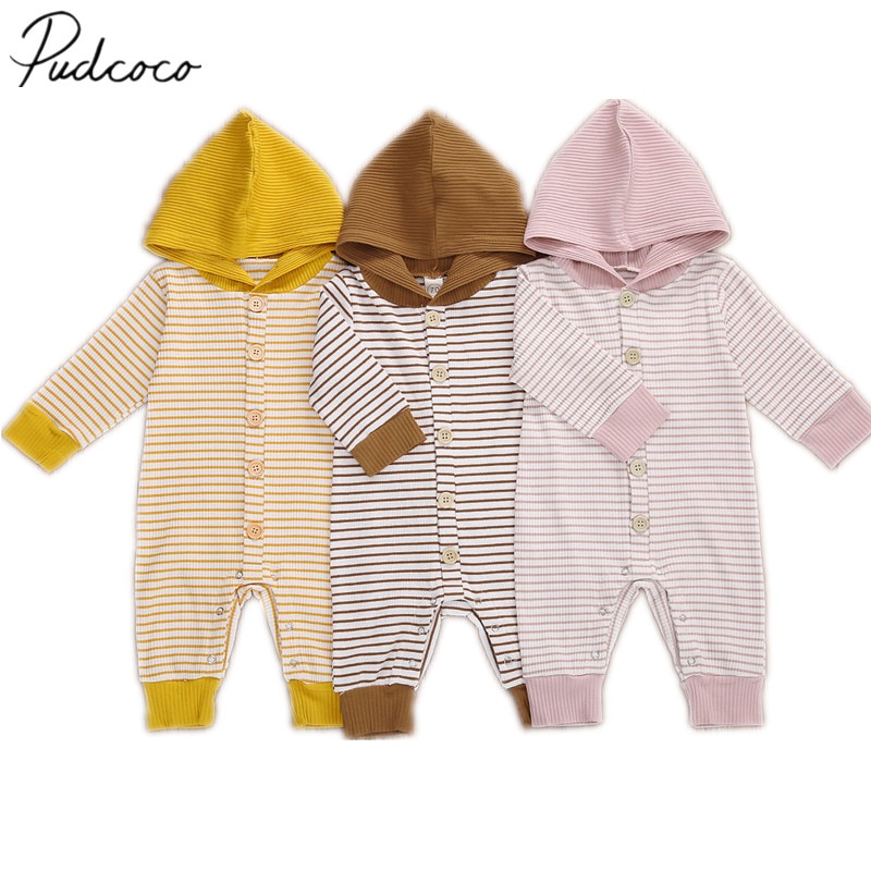 Baby Baby Hooded Romper Gestreepte Lange Mouwen Hooded Jumpsuit Lente Herfst Voor Meisjes Jongens, Kaki/Geel/Roze
