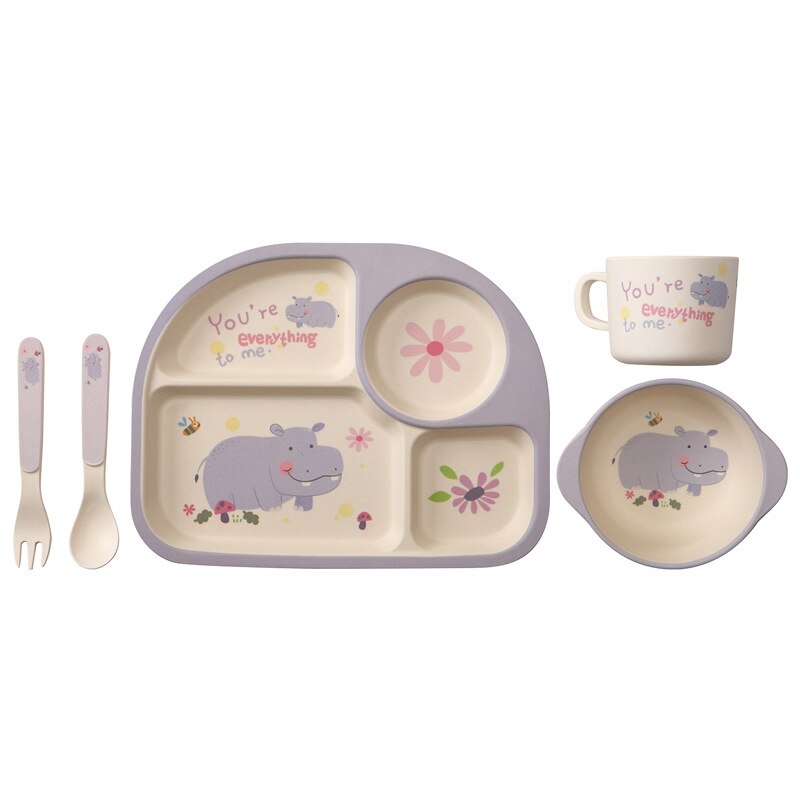 Cubertería de cuatro platos para niños de fibra de bambú, cubertería portátil con dibujos bonitos para bebé, tenedor, vajilla para bebé: C