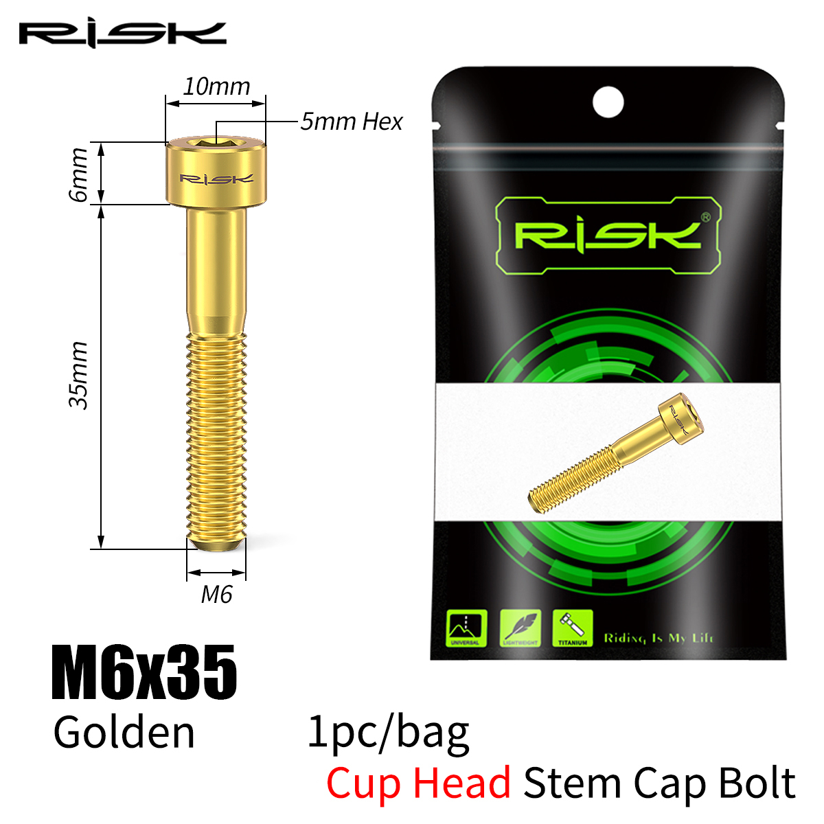 RISK Bicycle Titanium Bolt Screw M6x30 M6x35 M6x40 M6x50 for Bicycle Headset Stem Cap Cover Disc Brake Caliper Flat Allen Head