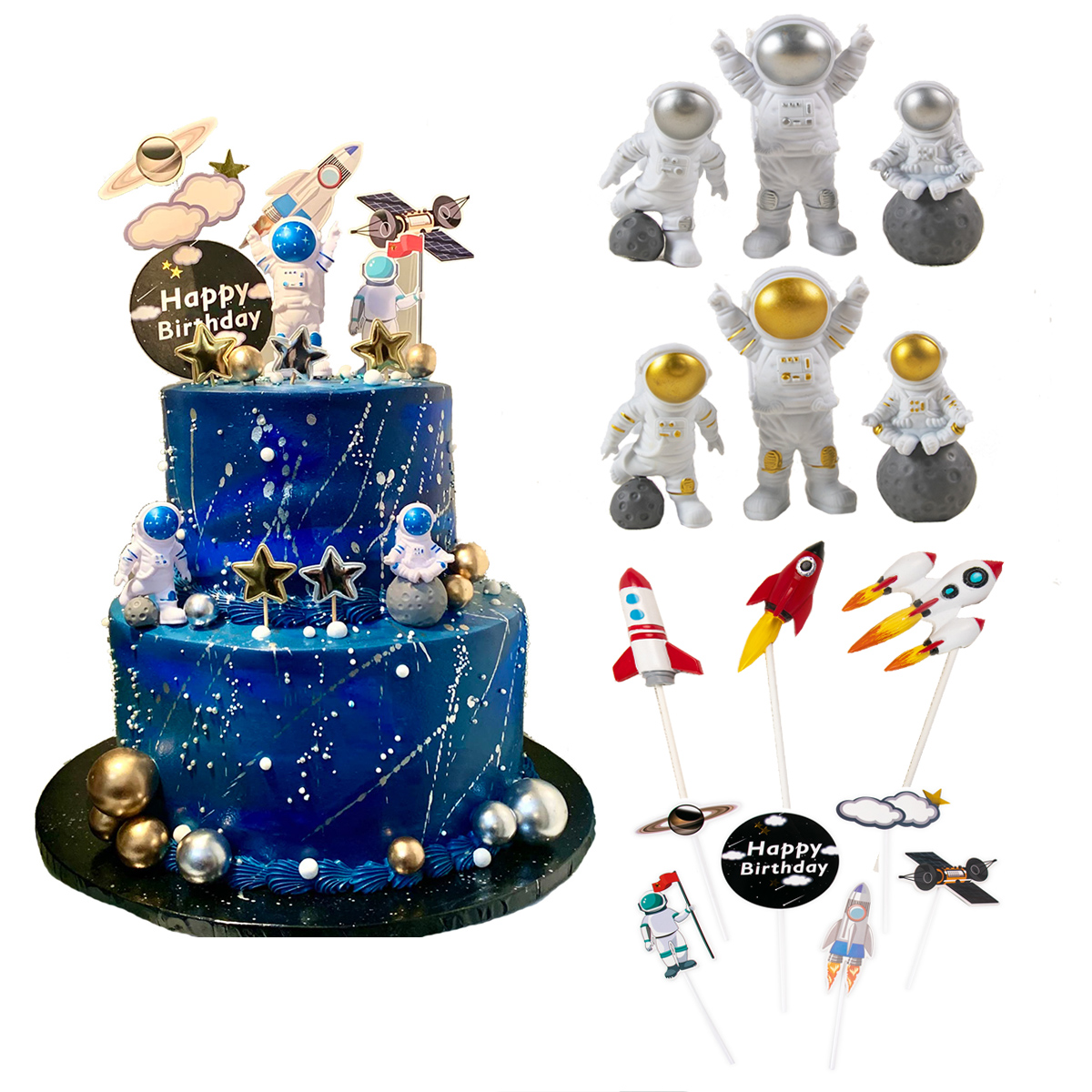 Adornos para tarta espacial de astronauta, figuritas de astronauta del espacio exterior, inserto de pastel de cohete y planeta, suministros para de cumpleaños para niños, Baby Shower