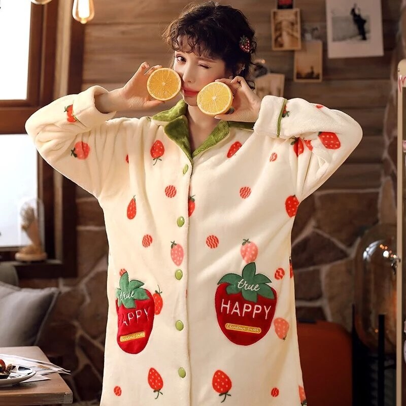 Bata de baño de manga larga para mujer, bata de franela gruesa de un solo pecho, con forro polar, para Otoño e Invierno