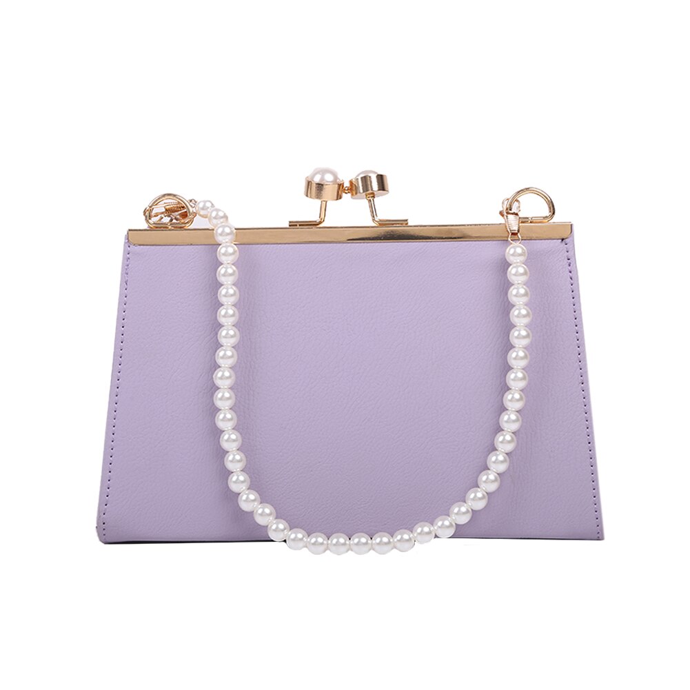 Casual PU Leather Clip Women's Shoulder Bags Pearl Handle Ladies Evening Clutch Purse Simple Solid Color Handbags: Purple