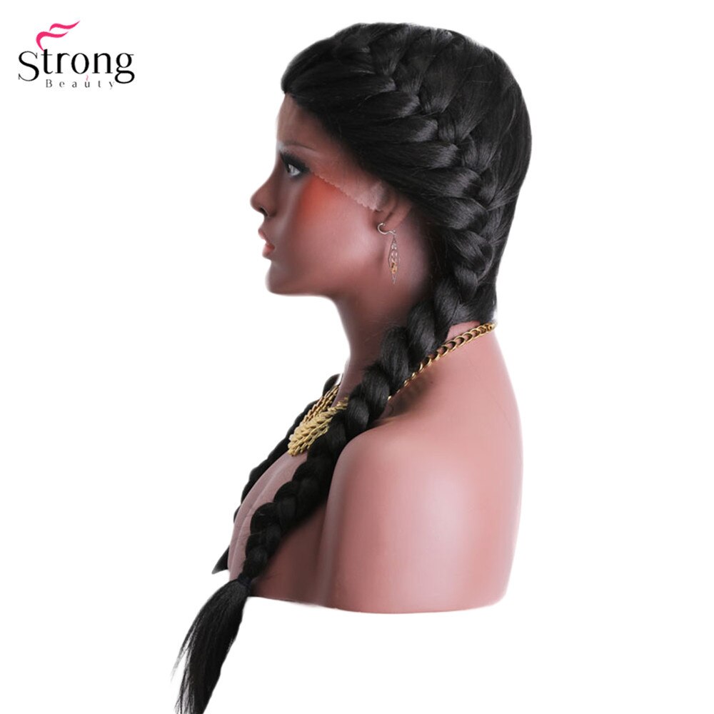 Perruque Lace Front Wig deux tresses françaises, perruque lace Wig synthétique noire avec Baby Hair pour femmes