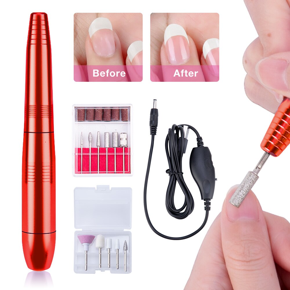 Dmoley Pro Portable Nail Drill Machine For Manicure Electric Nail Cutter 110-240V Metal Easy to Operate Pen Shape USB Nail Drill: Red