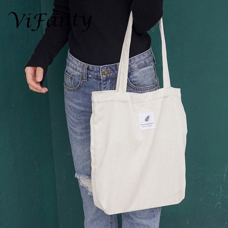 Meisjes Vrouwen Corduroy Boodschappentas Canvas Doek Schoudertas Milieu Opslag Handtas Herbruikbare Eco Grocery Totes Tas
