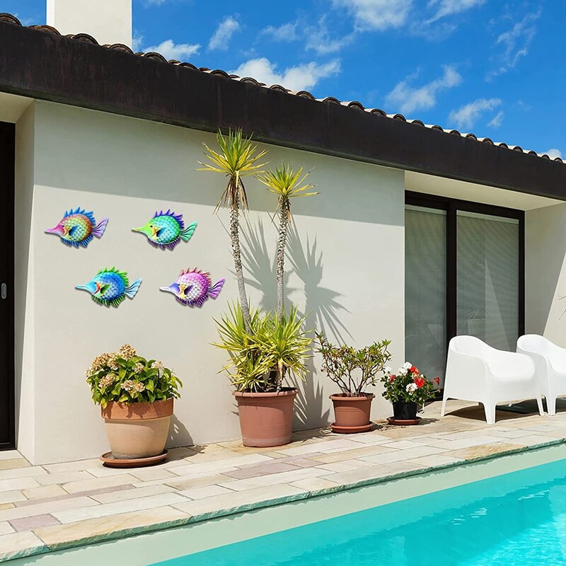 Metal Fish Wall Decor, 4Pcs Metal Fish Outdoor Wall Art Sea Life Art Metal Wall Sculpture Hanging Decor For Garden Decor