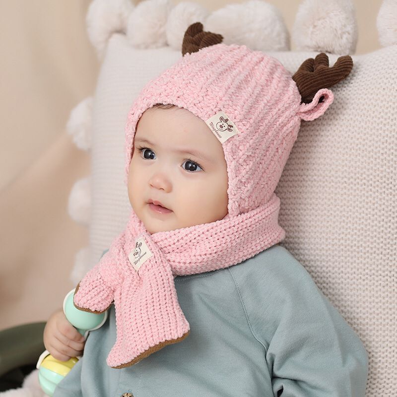 Chapeaux avec écharpe en polaire chaude pour filles, bonnet d'hiver tricoté pour enfants,: pink