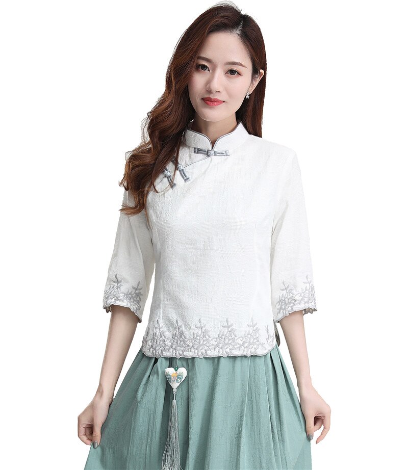 Shanghai Geschichte 3/4 Hülse chinesische Traditionelle Kleidung der Frauen Chinesischen oben Mischung Leinen Bluse Chinesischen Weiß Qipao Hemd: 27063 / L
