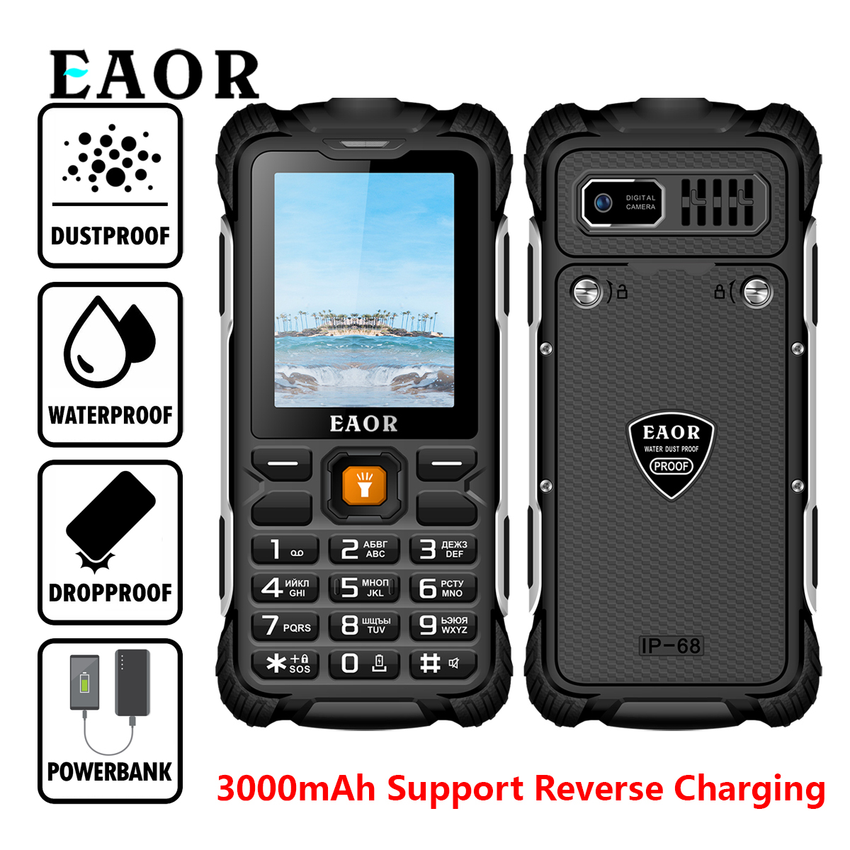 EAOR 2G Rugged Phone Flashlight Keypad Phone with 3000mAh Battery Power Bank IP68 Waterproof Feature Phone Dual SIM Mobile Phone