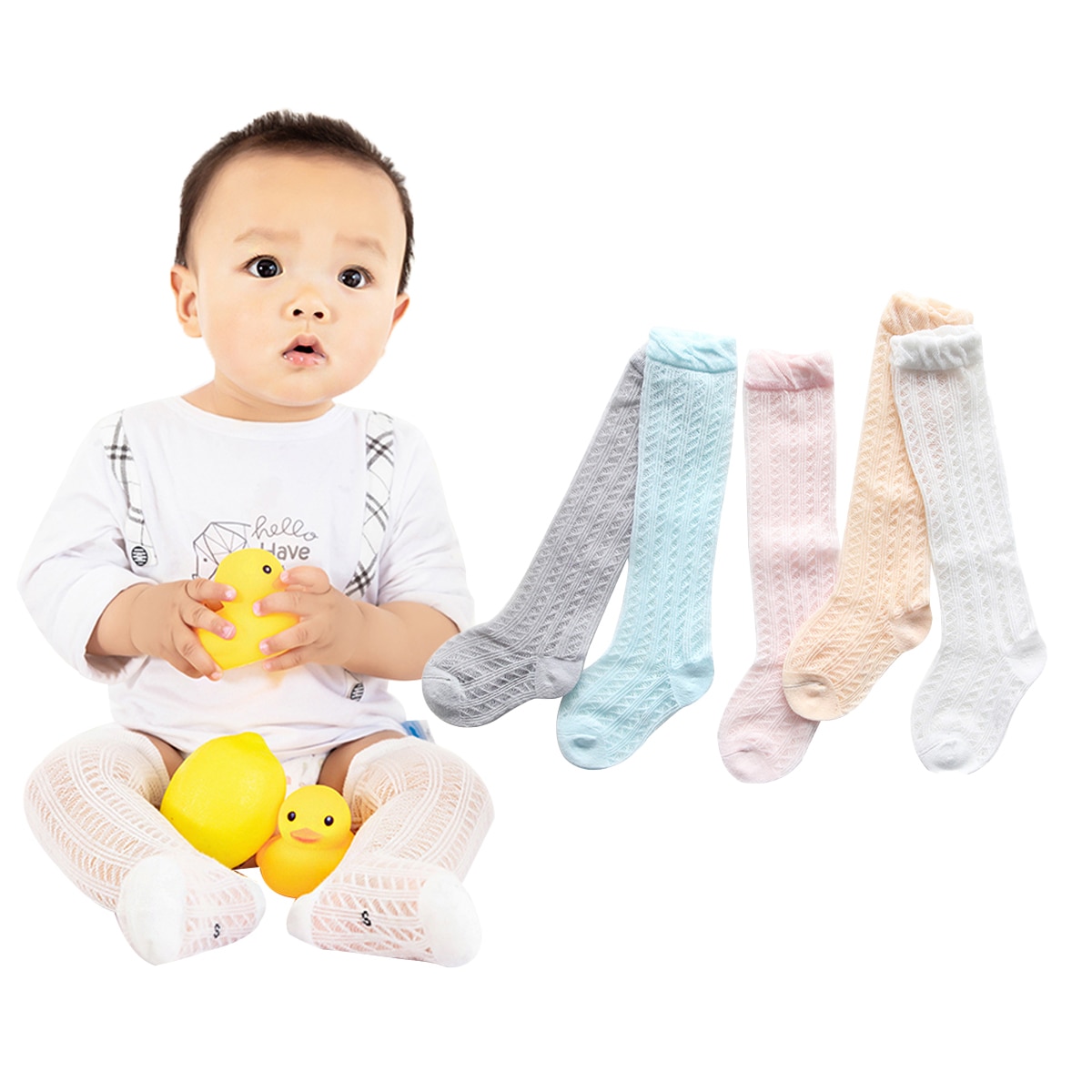 Nyfødte baby piger drenge sokker spædbarn knæhøje sokker blød åndbar bomuldstrik udhulet rør flettet strømper носки