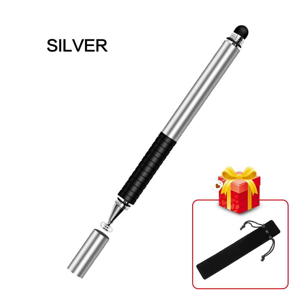 2 In 1 Stylus For Smartphone Tablet Thick Thin Drawing Capacitive Pencil Universal Android Mobile Screen Metal Note Touch Pen: Silver no Hook