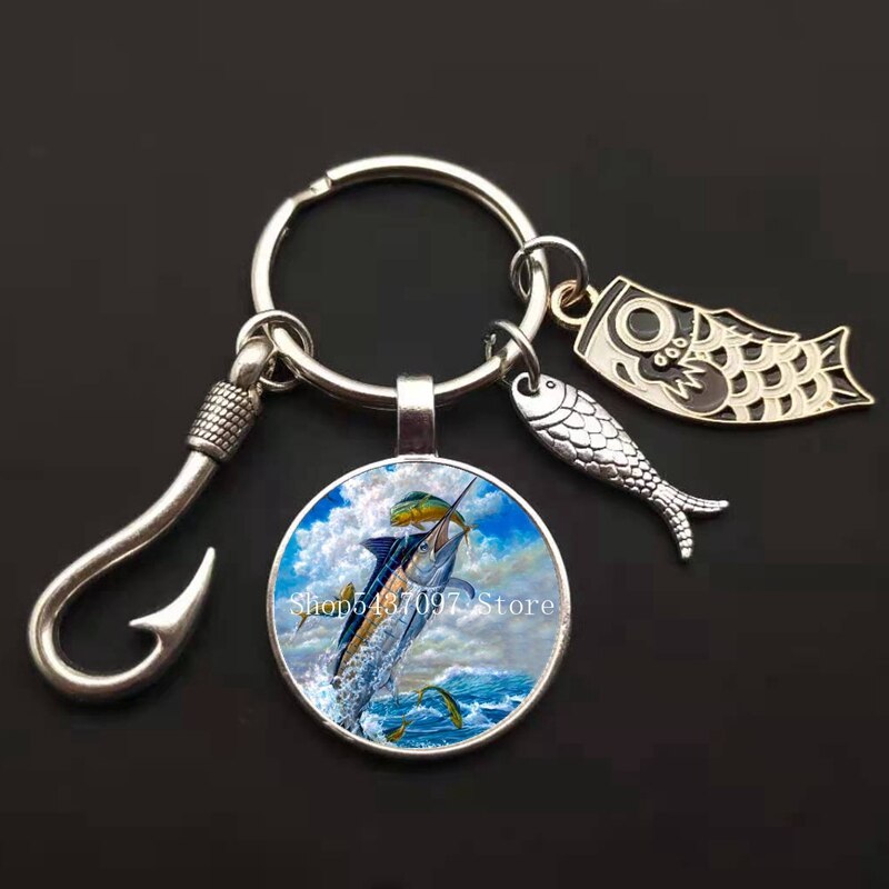 LLavero de maestro de pesca a la , llavero con anzuelo, llavero con cúpula de cristal, llavero de pescador I Love Fishing Fish, llave colgante: Multicolor