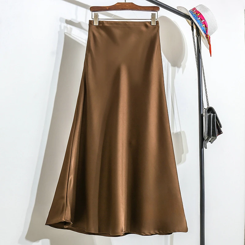 Højtaljet a-linje nederdel til kvinder satin silke ensfarvede nederdele kontordame elastisk talje dame lang nederdel sommer: Xl / Lysegrøn