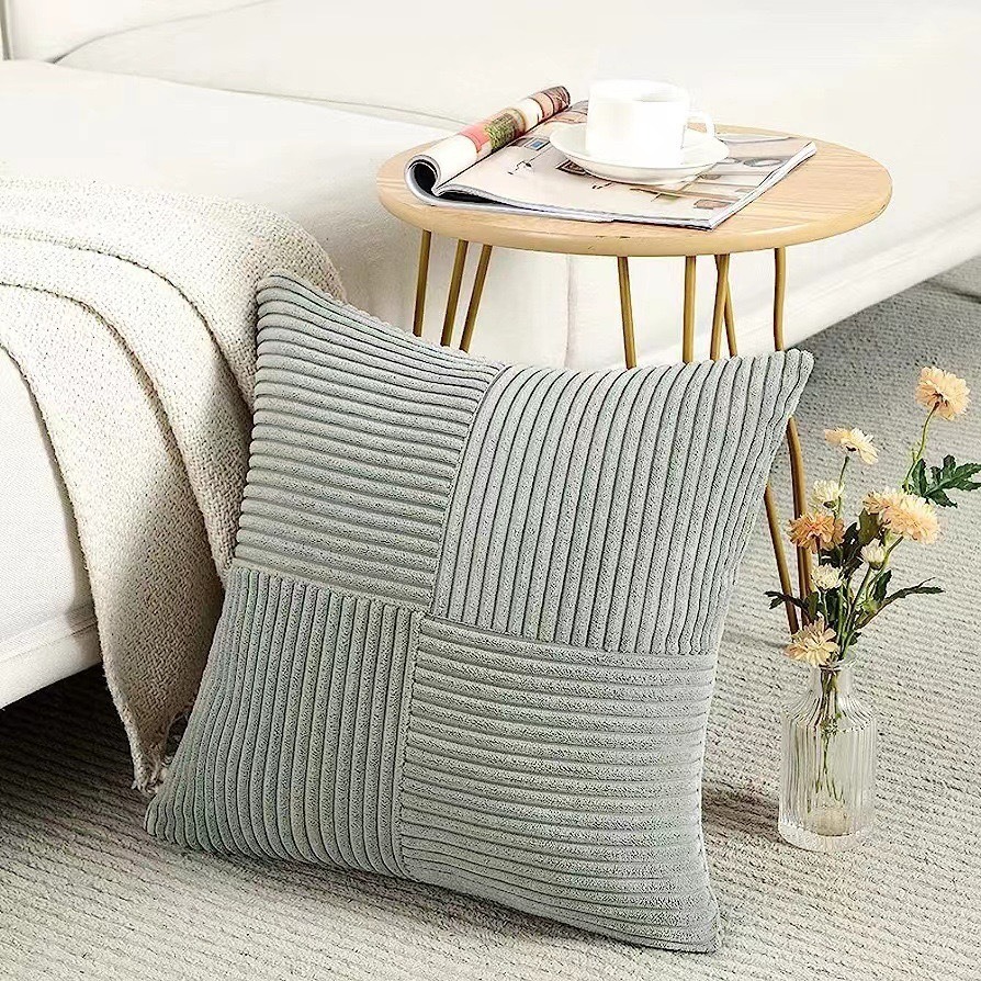 Green Textile Throw Pillow Covers 18x18 Inch for Living Room Couch Bed Sofa Soft Striped Corduroy Square Cushion Case 45x45 Cm