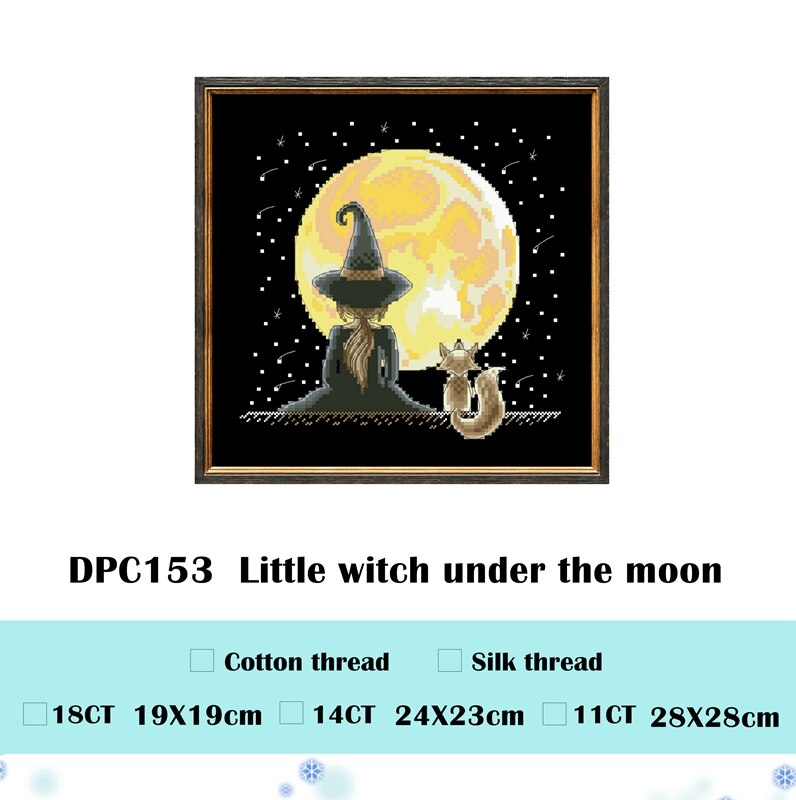 Kit de punto de cruz de bruja pequeña bajo la luna, de hilo de seda de algodón, 14ct 11ct, lienzo negro, bordado, costura artesanal: 18ct black canvas