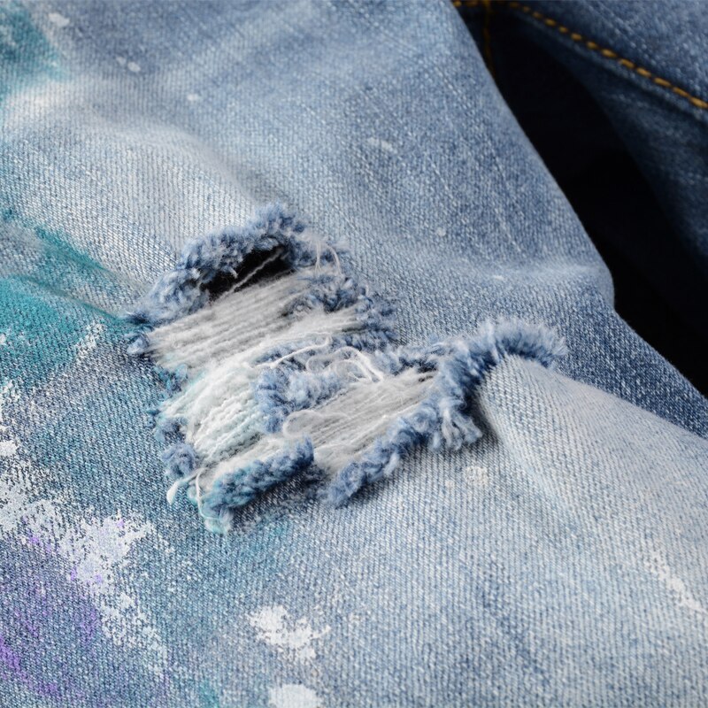 Streetwear Mannen Jeans Slim Fit Blauwe Verf Vernietigd Ripped Jeans Mannen Biker Broek Streetwear Hip Hop Jeans Homme