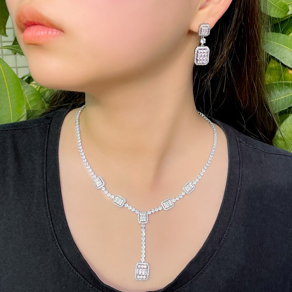 Cwwzircons Afrikaanse Baguette Cz Pave Dangle Ketting Oorbellen Bridal Bruiloft Zirconia Sieraden Set Voor Vrouwen T612