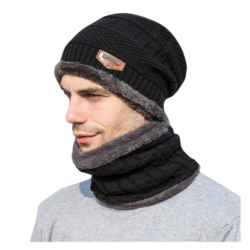 Mænds vinter hat krave sæt plus fløjl tyk strik hat og lyddæmper efterår og vinter varm tykkere tørklæder tørklæde tilbehør: Sort
