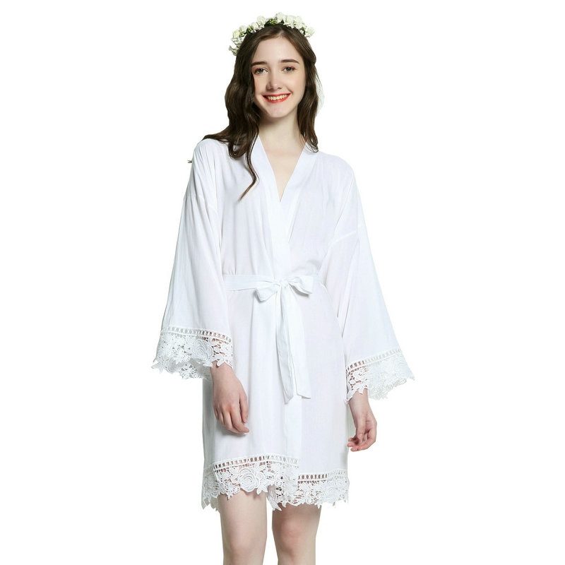 YUXINBRIDAL champagne Solid Cotton Kimono Robes with Lace Trim Women Wedding Bridal Robe Bathrobe Sleepwear White