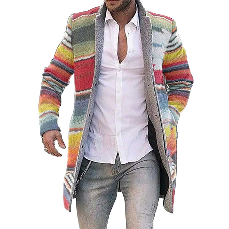 Herren Jacke Bunte Gestreiften Graben Mantel Männlichen Langarm Strickjacke Outwear Stehkragen Langen Mantel Männer Luxus Kleidung
