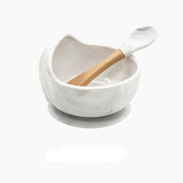 Baby siliconen voedingsset houten lepel zuigkom babybord kinderen peuterhulp servies bpa-vrij siliconen babyverzorging: Marmeren set