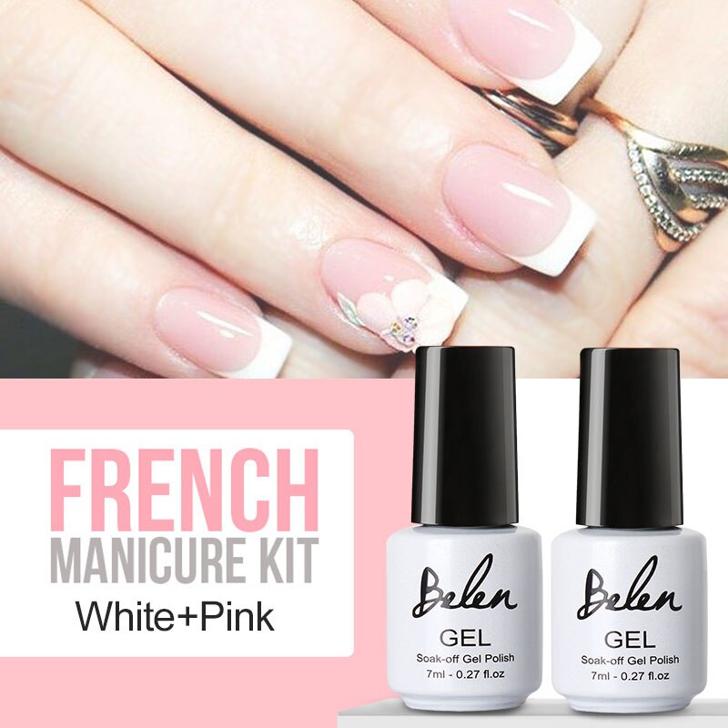 Belen-Juego de puntas de uñas de Gel UV, Set de manicura francesa puro y brillante, conjunto de salón de puntas francesas con esmalte de uñas de Gel de colores UV LED