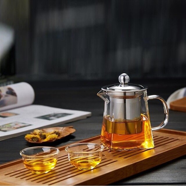 Tetera de café de vidrio resistente al calor, recipiente Infusor de acero inoxidable, calentador, tetera transparente, filtro cuadrado, cestas
