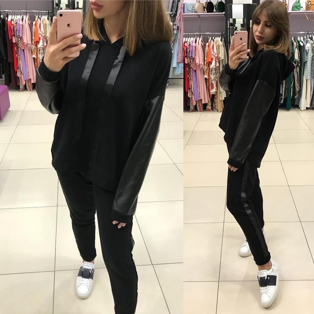 2Pcs/Set Women Sportswear Suit Casual Trousers Solid Color Hooded Sweatshirt And Pant Tracksuit Sport Suit Pullover Sweatshirt