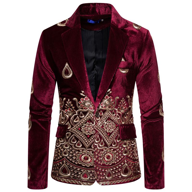 Blommiga broderade män bröllopskostymer sammetsblazers festsmoking formell brudgum slim fit kostym sångare scenjackor: Röd sammetskavaj / Xxl