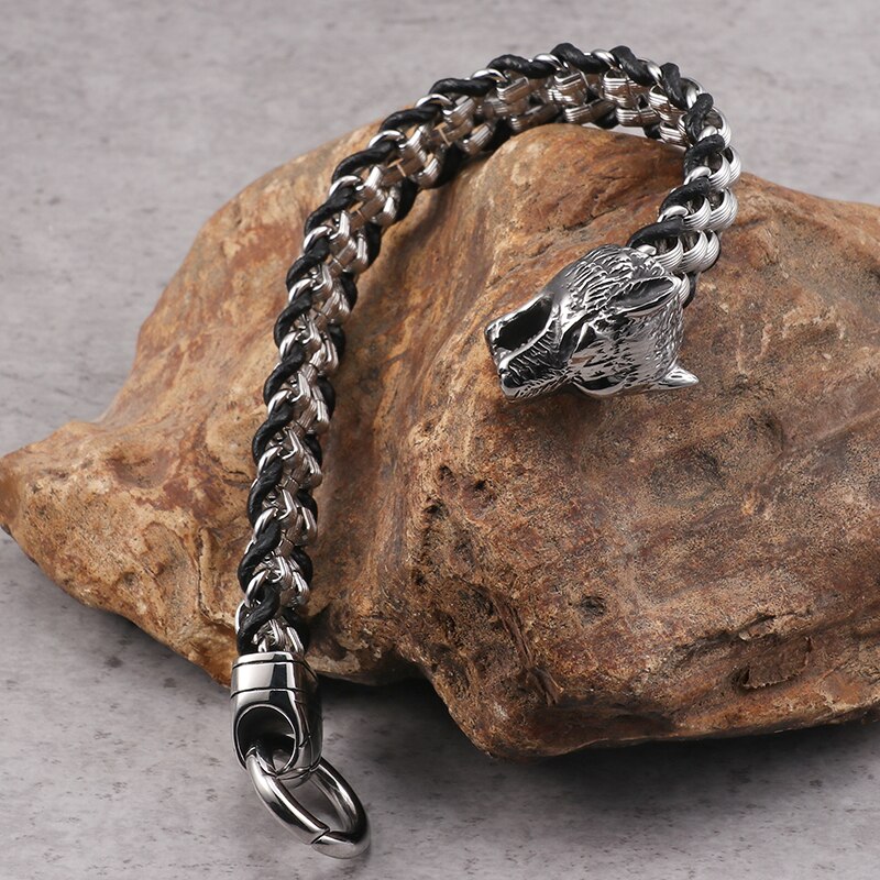 TrustyLan wickeln Leder Armbinde Männer Für Ihn 316L Edelstahl Punk Rocker Wolf Kopf Freundschaft Herren Armbänder & Armreifen