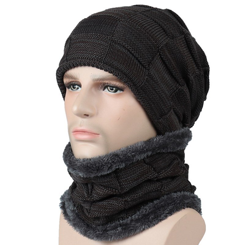 Nyaste varma mössor för män casual stickad mössa halsvärmare vintermössor för män utomhus skullies mössor varm fleecehatt: Kaffe