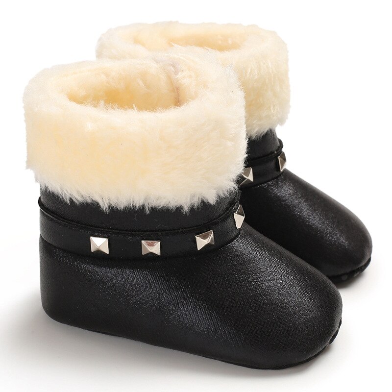 Winter Warm Houden Baby Meisjes Zachte Booties Pluche Baby Anti Slip Snowboots Schoenen Pu Leer Platte Peuter Non-slip Baby Schoenen: B219-black / 0-6 months
