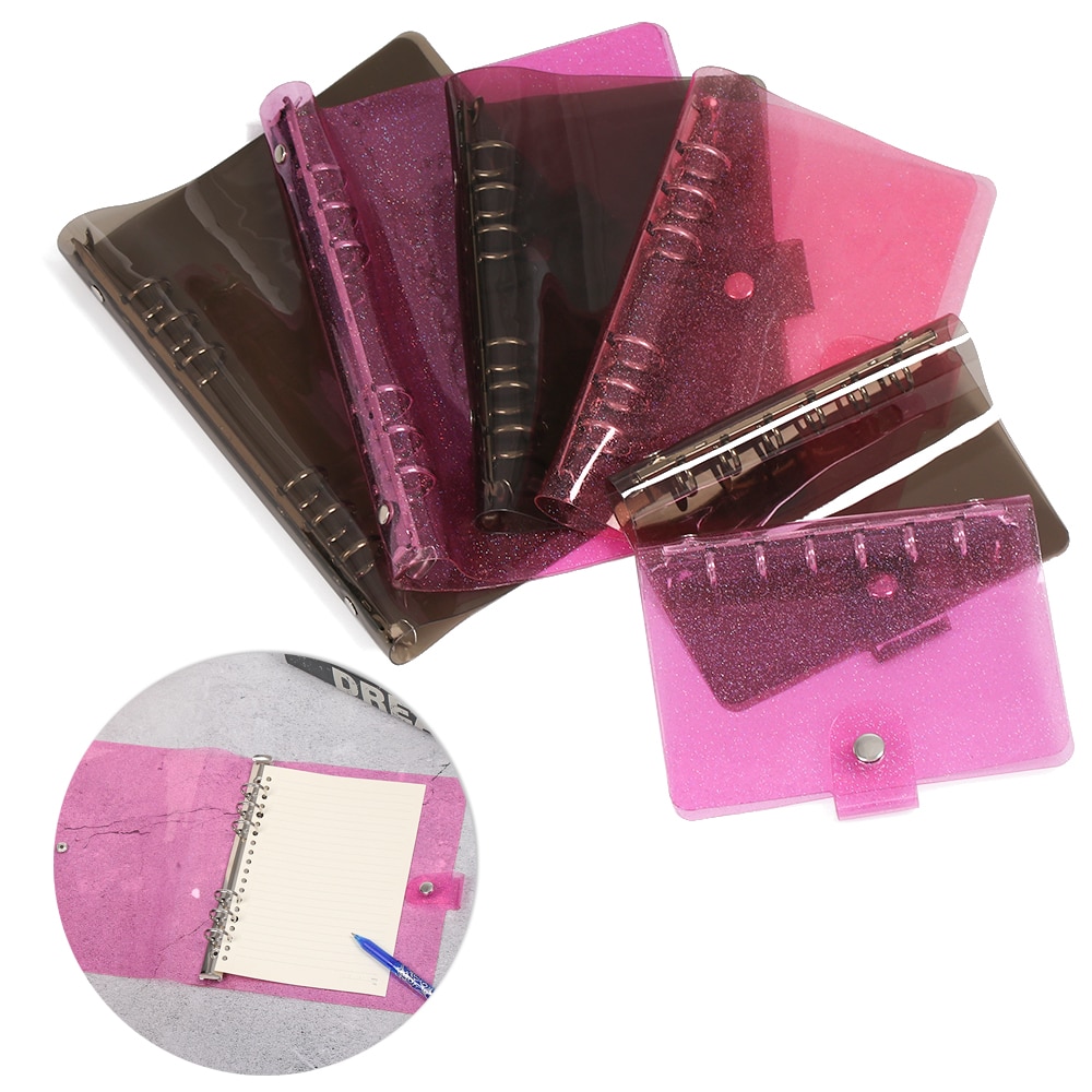 A5/A6/A7 PVC Rainbow Loose Leaf Binder Notebook Diary Cover File Folder Notepad Planner Clip Office School Supplies Black/Pink