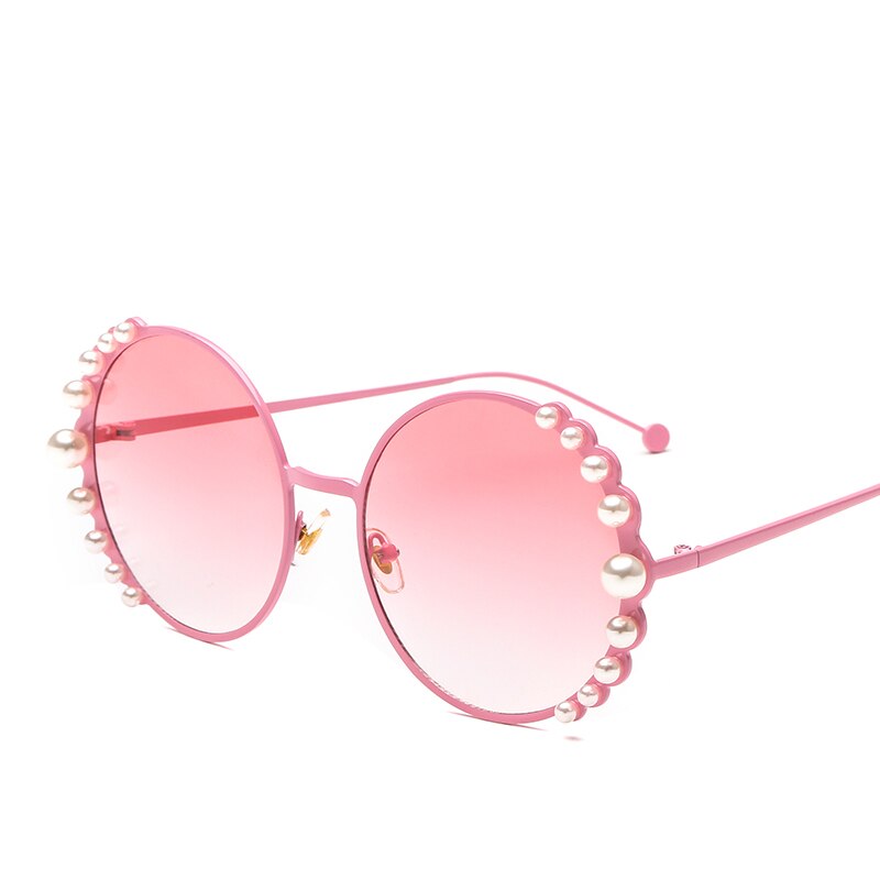 Luksus perle solbriller kvinder metal stel runde solbriller mærke spejl perle solbriller  uv400: Lyserød-lyserød