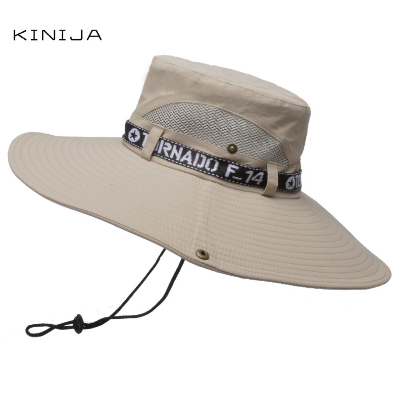 Summer Handsome Outdoor Climbing Fishing Tourism Dual Purpose Men Large Brim Sun Fisherman Hat Bucket Hat Sun Protection Cap: beige