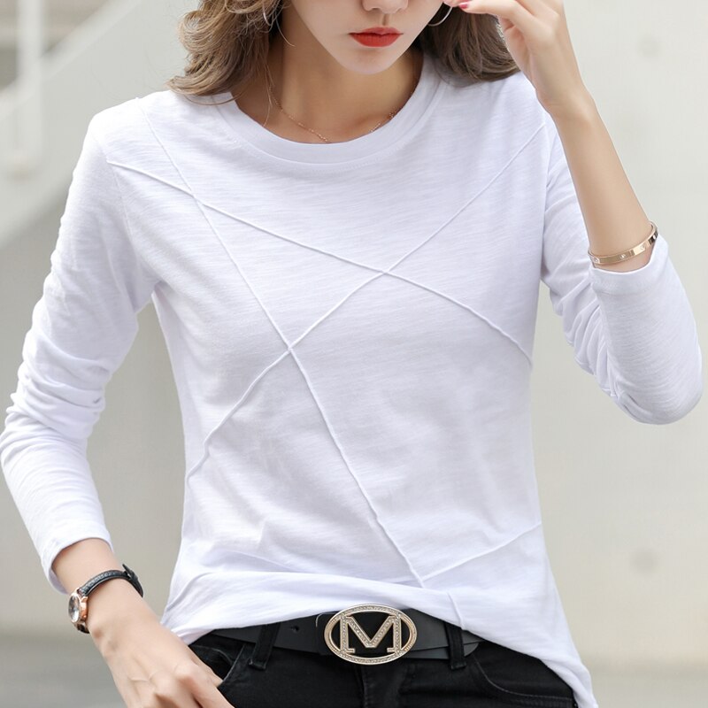 Camiseta acanalada de algodón de bambú para mujer, blusa morada Simple holgada con cuello redondo, Top verde de manga larga para mujer 2022: S / White