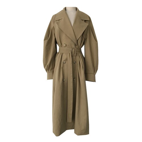 Trench-Coat Long kaki pour femme, coupe-vent Style britannique à manches bouffantes, manteau anti-poussière Long à la taille élégante, à Bandage, printemps